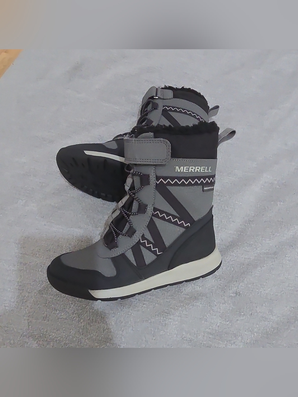 Merrell Unisex Kids Waterproof Snowshoe Boots Gray/Black Lace Hook & Loop US 12